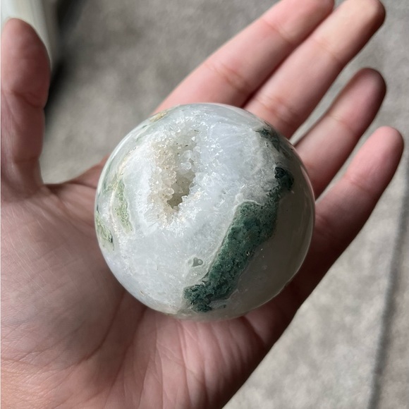 Moss Agate Sphere w/ Heart-Shaped Druzy Pocket - Picture 7 of 17